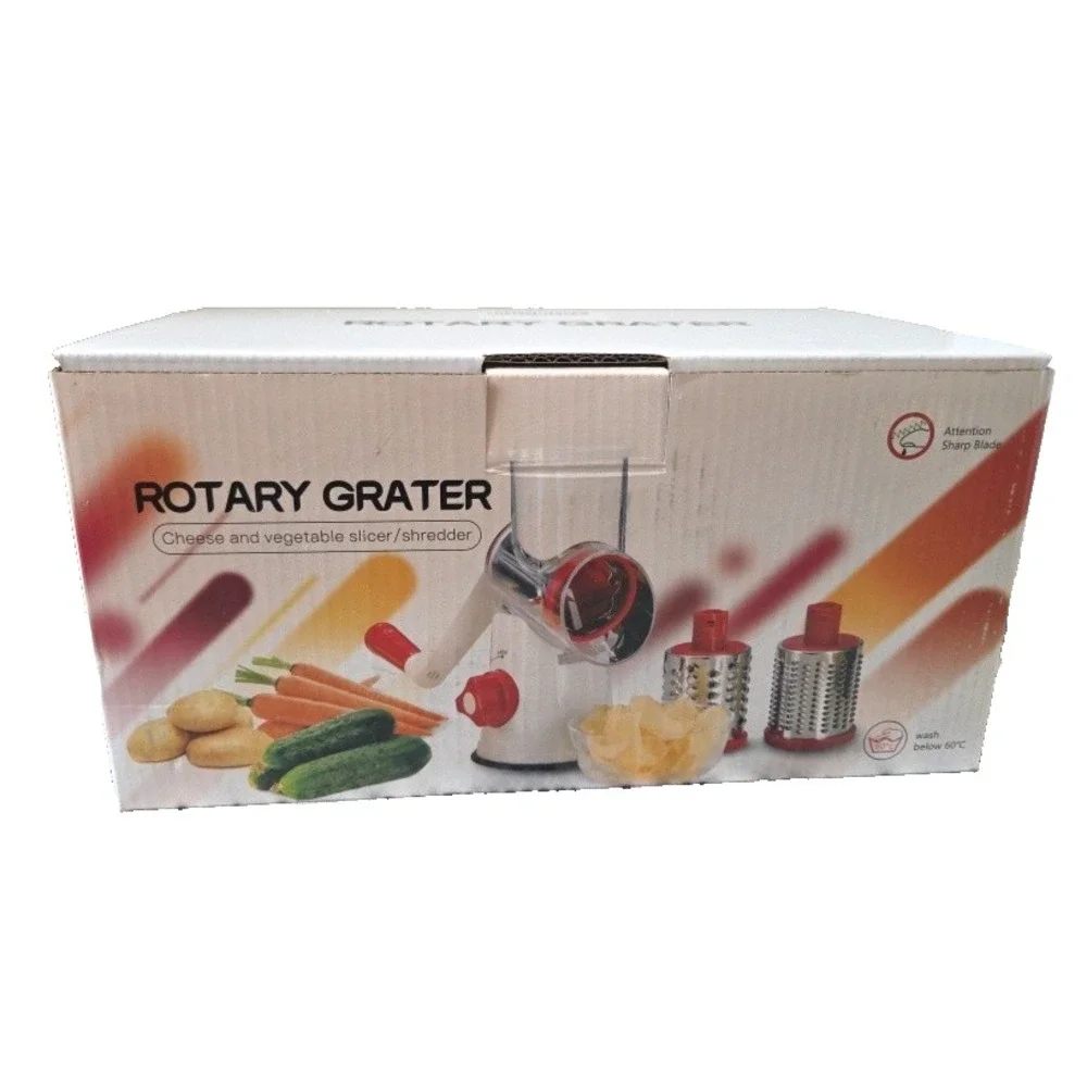 Rotary Grater Cheese & Vegetable Slicer 3 Blades Suction Cup Mount Peeler New